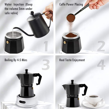 Stovetop Espresso Maker Espresso Cup Moka Pot Classic Cafe Maker Percolator Coffee Maker Italian Espresso for Gas or Electric Aluminum Black Gift package with 2 cups