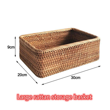 Homsdream™  Hand-woven Rattan Wicker Basket Fruit Tea Snack Bread Basket Cosmetic Rectangular Storage Box Household Kitchen Supplies - Homsdream