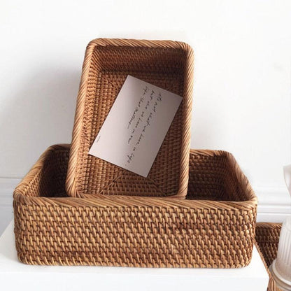Homsdream™  Hand-woven Rattan Wicker Basket Fruit Tea Snack Bread Basket Cosmetic Rectangular Storage Box Household Kitchen Supplies - Homsdream