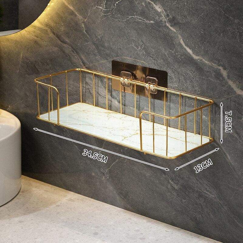Luxury Bathroom Shelf without drilling Iron Wall Shelf with Marble style Glass Plate Makeup Storage Rack Bathroom Accessories - Homsdream