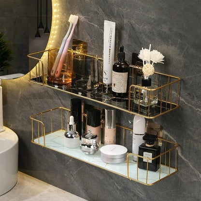 Luxury Bathroom Shelf without drilling Iron Wall Shelf with Marble style Glass Plate Makeup Storage Rack Bathroom Accessories - Homsdream
